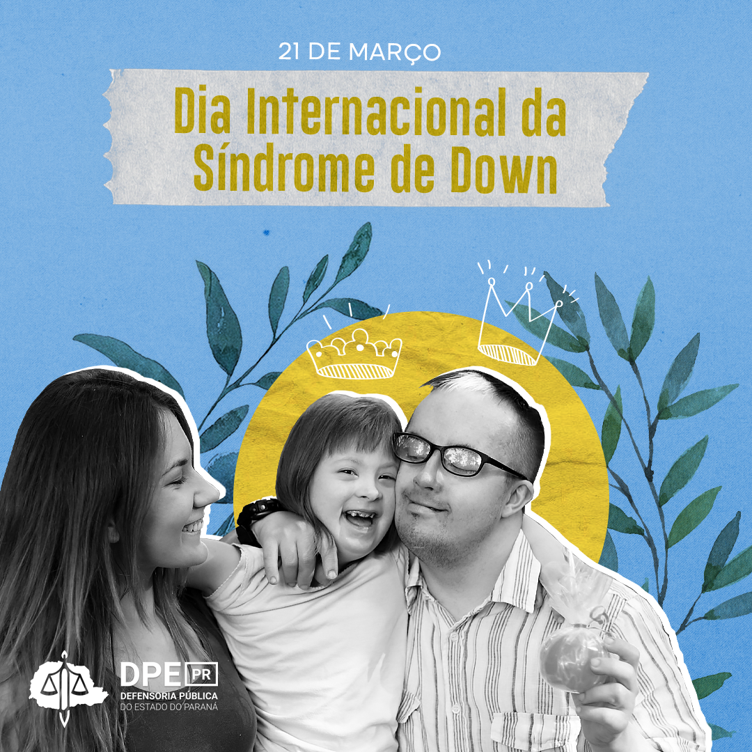 A imagem mostra três pessoas - uma criança e um homem com Síndrome de Down se abraçam, e a criança é segurada por uma mulher que não possui a Síndrome