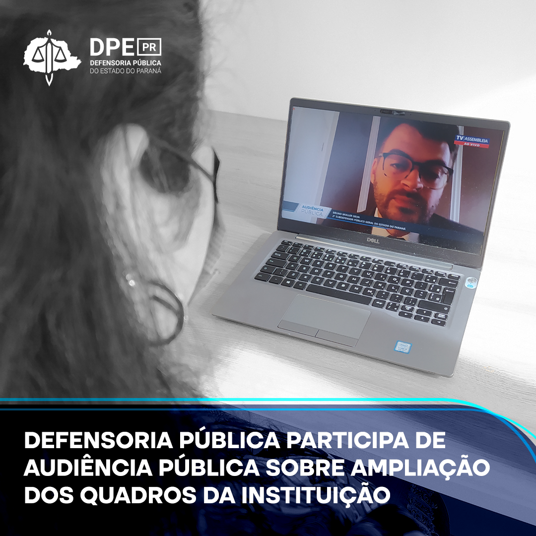 Imagem mostra uma mulher olhando para a tela de um computador, em que um homem está falando. No título da manchete, lê-se: Defensoria Pública participa de audiência pública sobre ampliação dos quadros da instituição