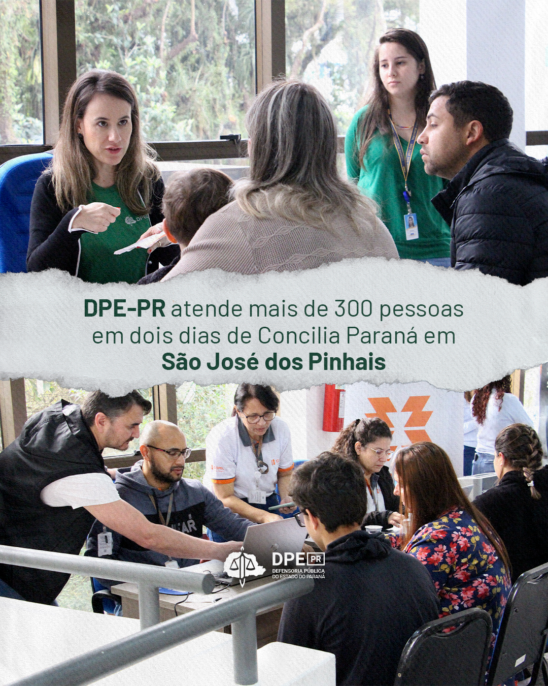 Imagem dividida em duas, onde, a parte de cima, mostra um atendimento da Defensoria Pública durante o mutirão. A parte de baixo da imagem mostra um atendimento da Copel. No meio está a frase