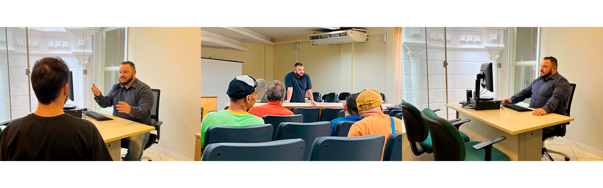 Imagem que mostra o psicólogo Luã em três momentos: em um atendimento individual, em uma palestra, e trabalhando em sua mesa na DPE-PR.