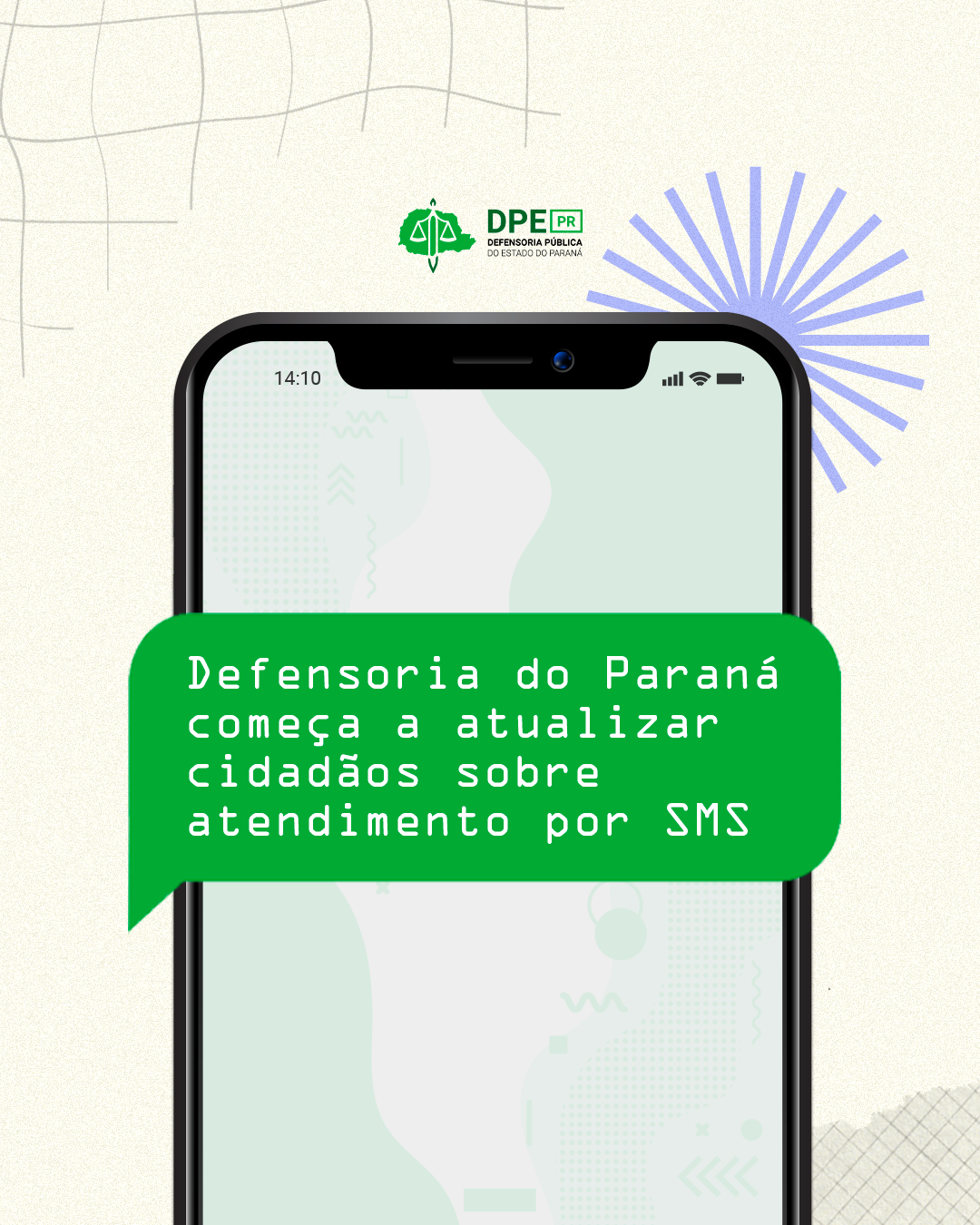 Imagem com um fundo branco emulando papel, e de destaque, um celular estilizado com um balão de mensagem verde, contendo o título da matéria.