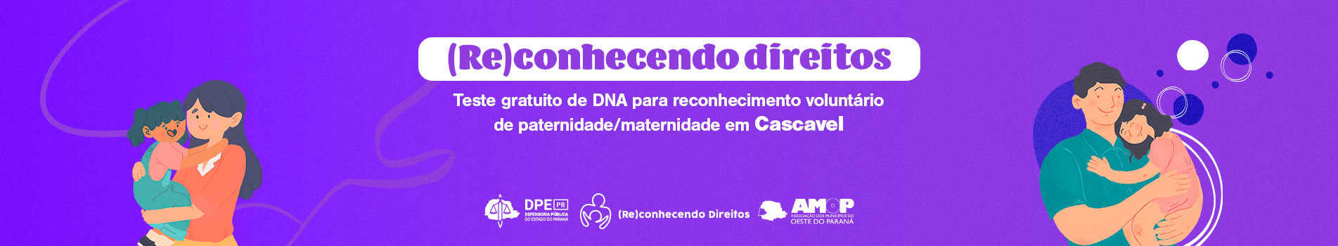 Imagem com o fundo em um gradiente de roxo e azul. Nas laterais, ilustrações de um pai e uma mãe, cadaum com um criança no colo. Ao centro as informações de chamada para o mutirão.