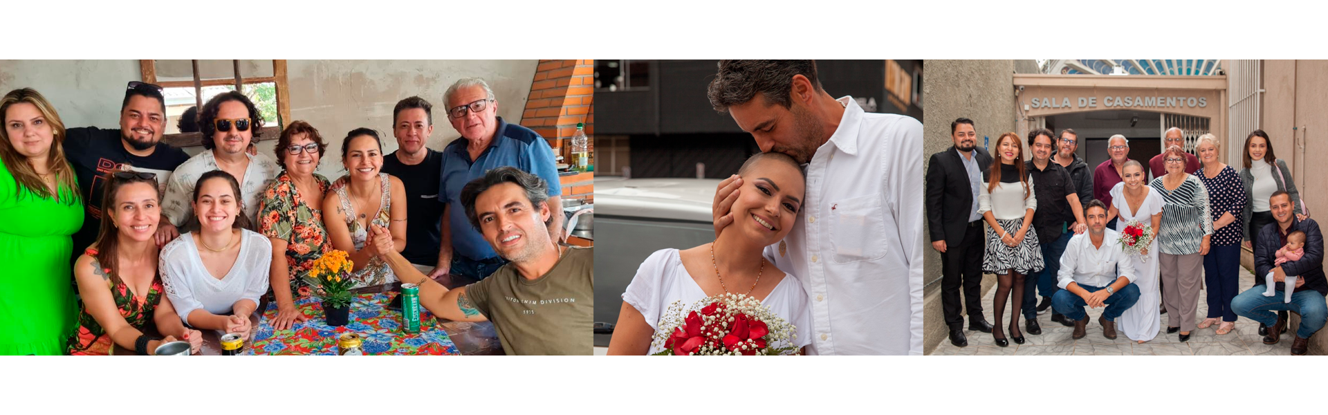 Imagens diversas da assessora. Na primeira imagem, ela está com sua família. Todos estão olhando para a frente e sorrindo. Na imagem do meio, ela está com seu marido. Ela está com a cabeça no ombro dele e ele a beija na cabeça. Na última foto ela também está com sua família, vestida de noiva. Todos olhando para a frente sorrindo.