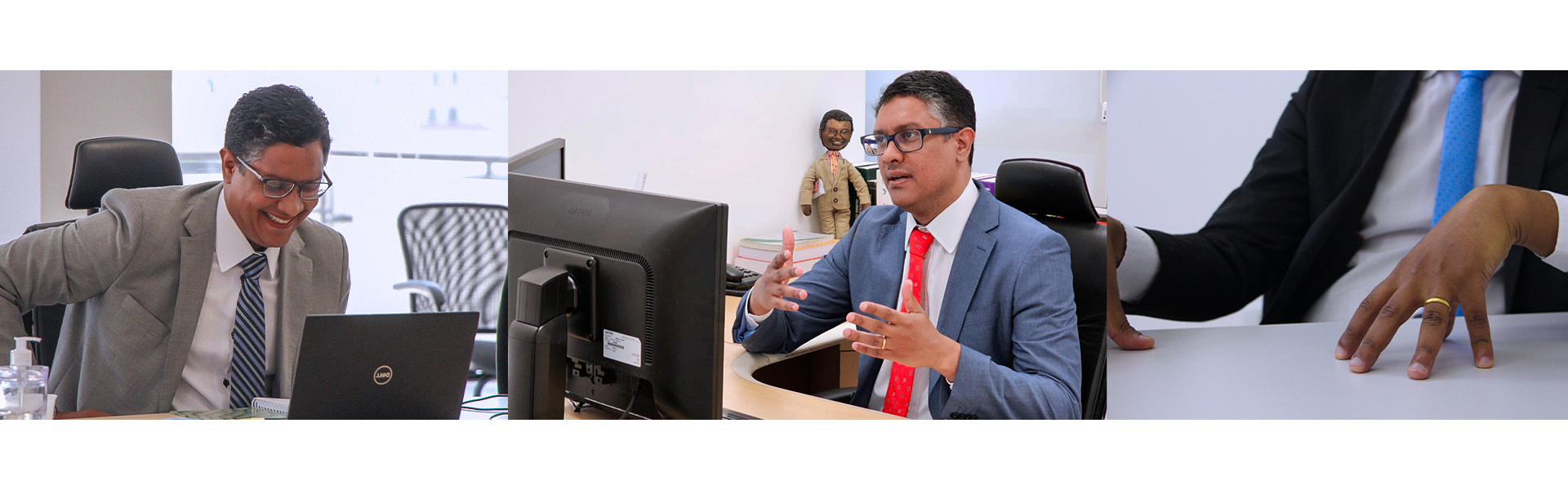 Imagem que mostra o defensor em 3 momentos: em uma reunião, sentando-se em uma cadeira e sorrindo. Na sua sala, gesticulando enquanto fala e com o boneco do Milton Santos ao fundo. E um detalhe de suas mãos durante a entrevista.
