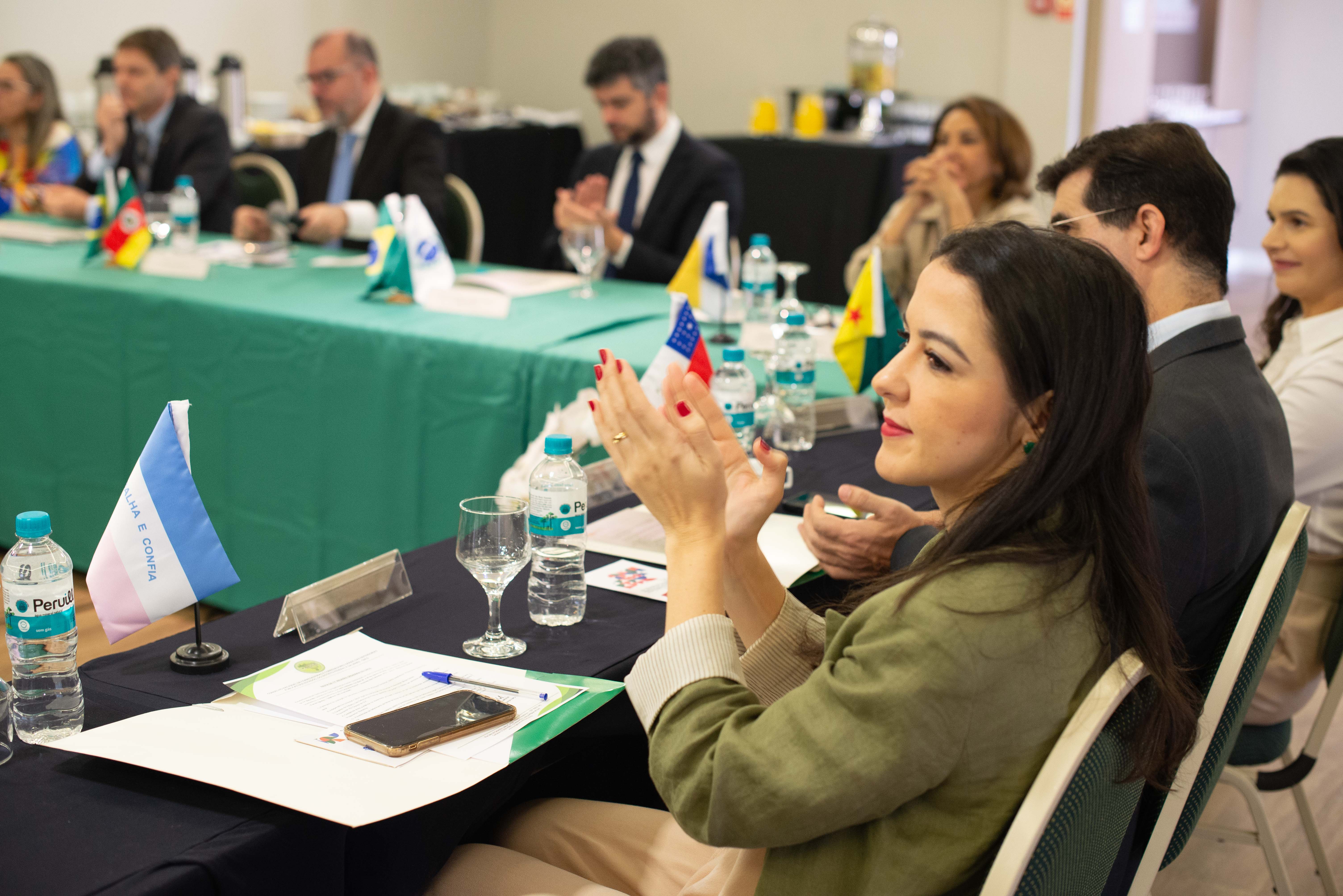 Foto mostrando corregedores e corregedoras batendo palma, em maior foco está a Corregedora Auxiliar do estado do Espirito Santo, Samyla Gomes Madeiros, também batendo palma.