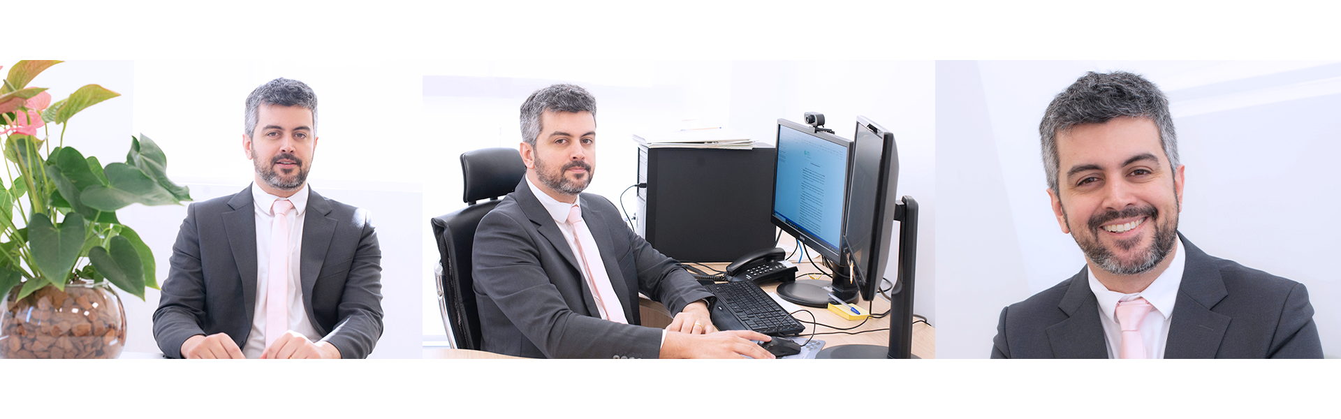 Foto com três imagens, uma ao lado da outra. Na esquerda, o defensor está serio olhando para a câmera. No centro, é uma foto do defensor sentado em frente ao computador. Na direita, é uma foto aproximada de seu rosto e ele sorri para a câmera. Henrique tem cabelo e barba preta, com alguns fios brancos. Ele é um homem brando e tem olhos escuros. Ele usa um terno cinza escuro, gravata rosa clara e camisa branca.