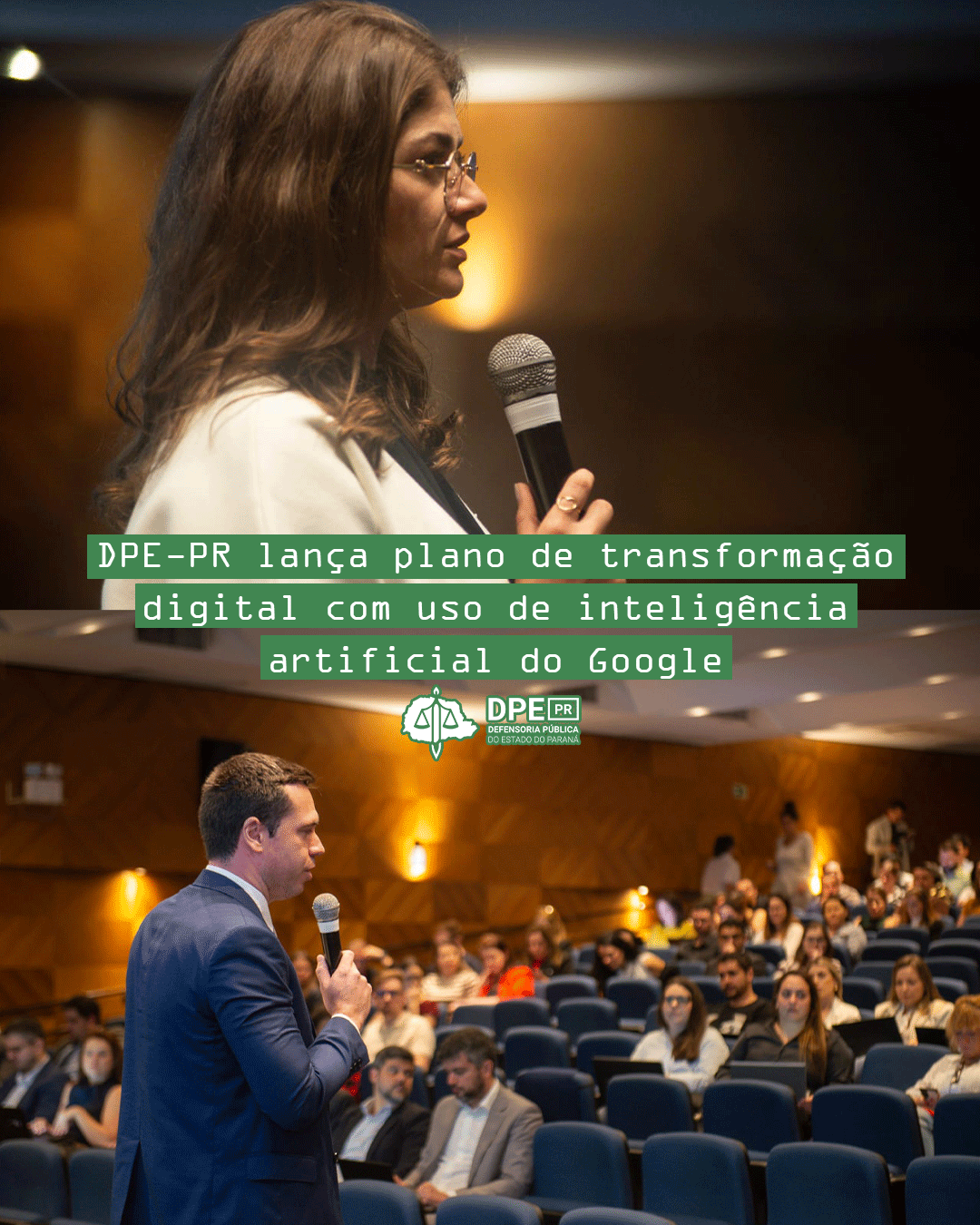 Imagem com uma foto da palestrante do Google e do defensor Público-geral durante palestra do Google. Sobre as imagens, o título da matéria.