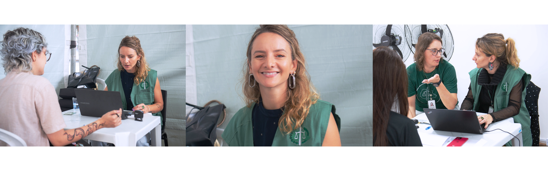 Imagens com fotos da assessora jurídica Camila Daltoé atendendo ao público.