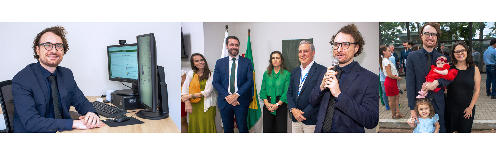 A imagem é uma composição de três fotos. Na primeira, um homem de terno azul escuro, barba rala e óculos redondos sorri sentado em um escritório, com um computador e dois monitores à sua frente. Na segunda, ele aparece discursando em um evento formal, ao lado de outras pessoas, com uma bandeira do Brasil ao fundo. Na terceira, ele está ao ar livre com uma mulher de óculos e vestido preto, segurando um bebê de vermelho nos braços, enquanto uma criança de azul segura sua mão.