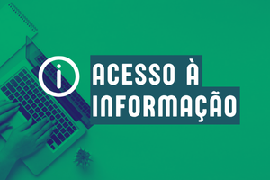 Botão "Acesso à informação". Imagem com o texto em branco sobre o verde. Na imagem contêm a foto de mãos digitando em um teclado de notebook ao lado esquerdo.
