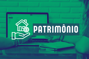 Botão "Patrimônio". Imagem com o texto em branco escrito sobre o verde. Na imagem, uma foto com duas mulheres sentadas em cadeiras ao redor de uma mesa com um notebook aberto enquanto analisam arquivos.