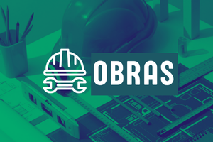 Botão "obras". Imagem com o texto em branco escrito sobre o verde. Na imagem, uma foto com um capacete de segurança, utilizado em obras, e materiais como réguas, esquadros, trenas e lápis.