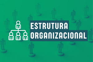 Botão "estrutura organizacional". imagem com o texto em branco escrito sobre o verde. na imagem, uma foto com vários bonecos representando o pessoal de uma instituição.