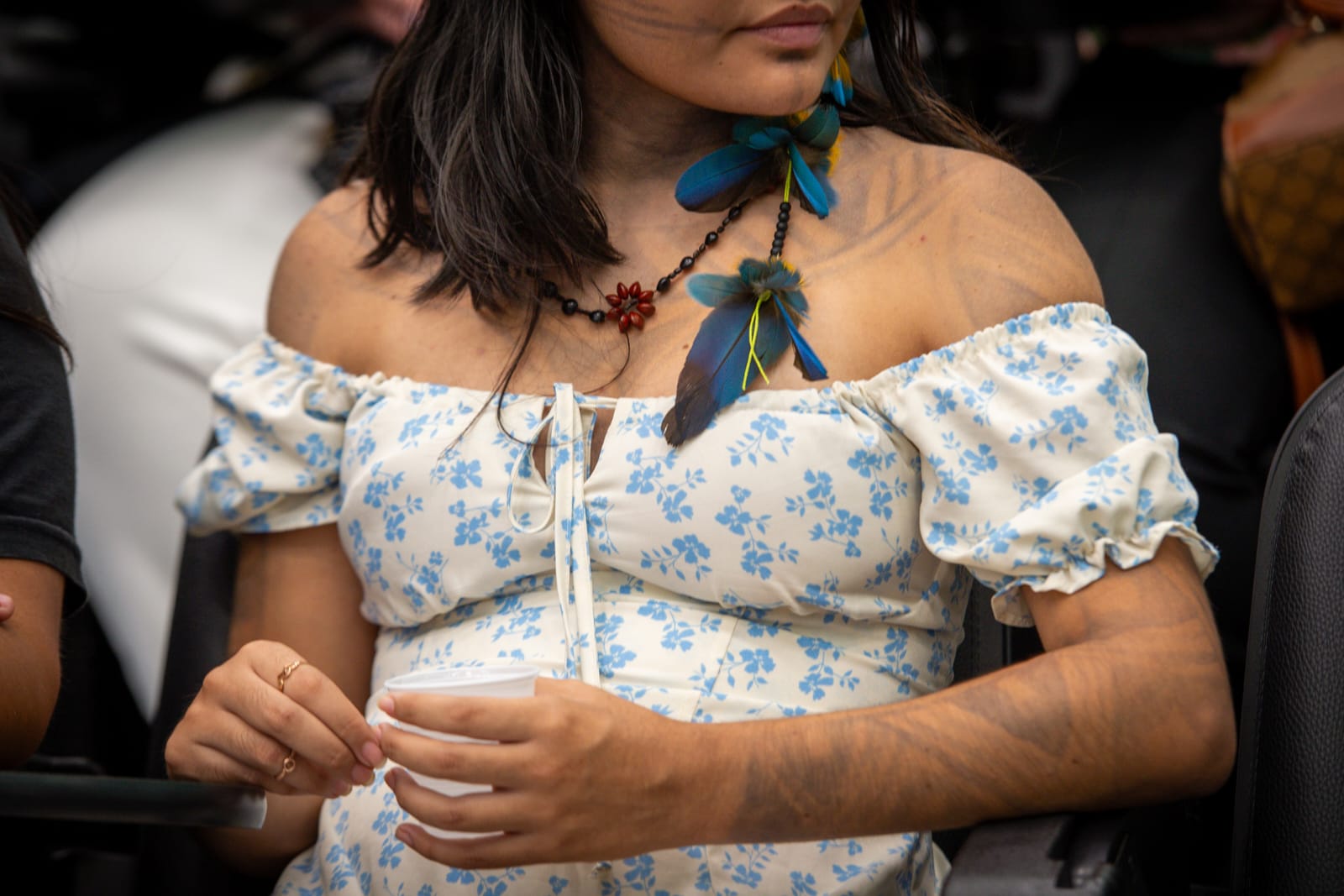 Imagem em detalhe de uma mulher indígena onde se vê o vestido, os braços com pintura corporal e brinco de penas.