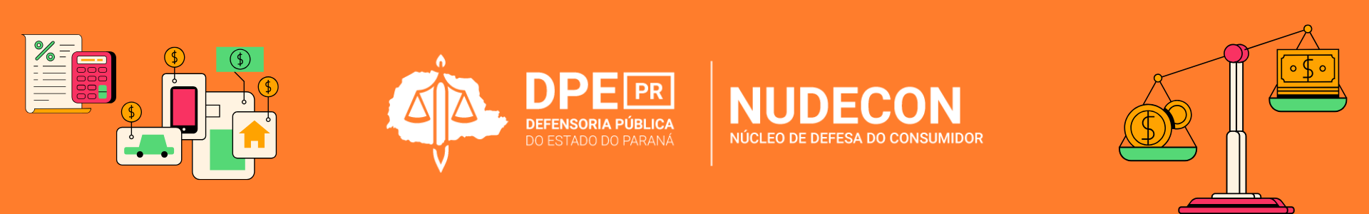 imagem com o fundo laranja e o texto em branco. Na imagem, ao centro o logo da defensoria ao lado do texto "NUDECON".