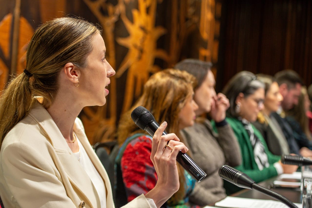 Imagem da defensora Helena, coordenadora do CEDEM e do programa Ampara, falando durante palestra na ALEP