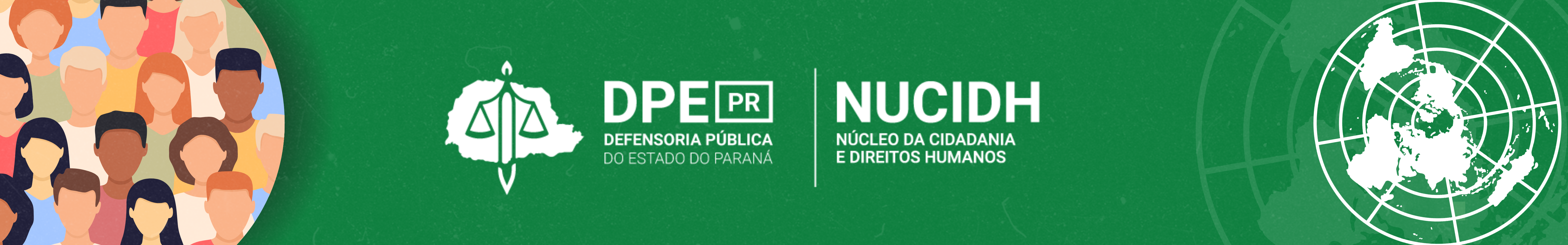 Imagem com o fundo em verde e o logo do Núcleo da Cidadania e Direitos Humanos, ao centro. Na lateral esquerda, uma ilustração com desenhos de diversos rosto diferentes. Ao lado direito, um desenho do mapa mundi visto de cima, em branco.