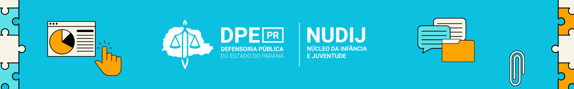 Imagem com o fundo azul e o logo do Núcleo da Infância e Juventude da DPE-PR. Na imagem algumas ilustrações bas cores branco, azul e amarelo representam elementos como o quebra-cabeça, balões de fala e arquivos administrativos.