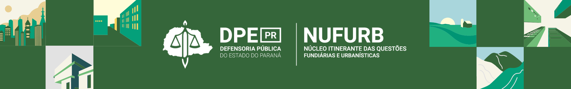 Imagem com o fundo em verde escuro e o logo do Núcleo Itinerante das Questões Fundiárias e Urbanísticas em branco, no centro. Nas lateriais, ilustrações representando casas em áreas rurais e urbanas.