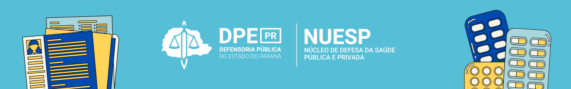 Imagem com o fundo em azul e o logo do Núcleo de Defesa da Saúde Pública e Privada em branco ao centro. Nas lateriais, ilustrações representando cartelas de medicamentos e documentos, rementendo aos atendimentos com fixas de pacientes e remédios