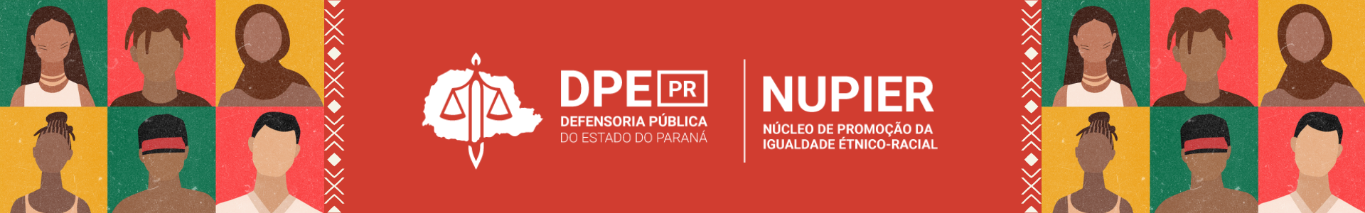 Imagem com o fundo em vermelho e o logo do Núcleo de Promoção da Igualdade Étnico-Racial em branco, ao centro. Nas laterais, ilustrações representando pessoas de diferentes etnias.