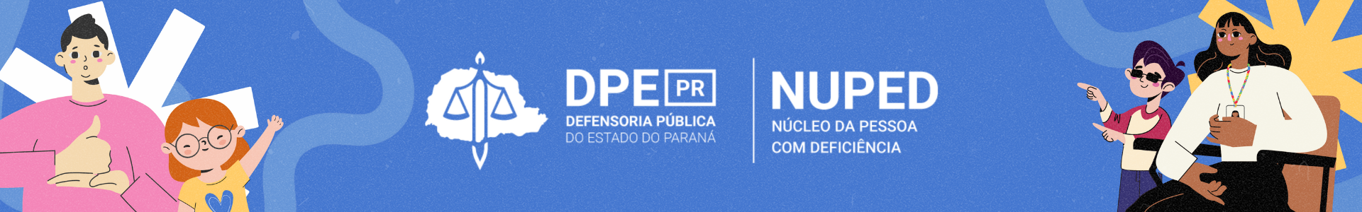 Banner da página com o nome do núcleo centralizado. A imagem possui o fundo em azul e o logo em branco ao centro. Nas laterais, ilustrações de adultos e crianças de diferentes etnias com deficiências como autismo, surdes, deficiência motora, etc.