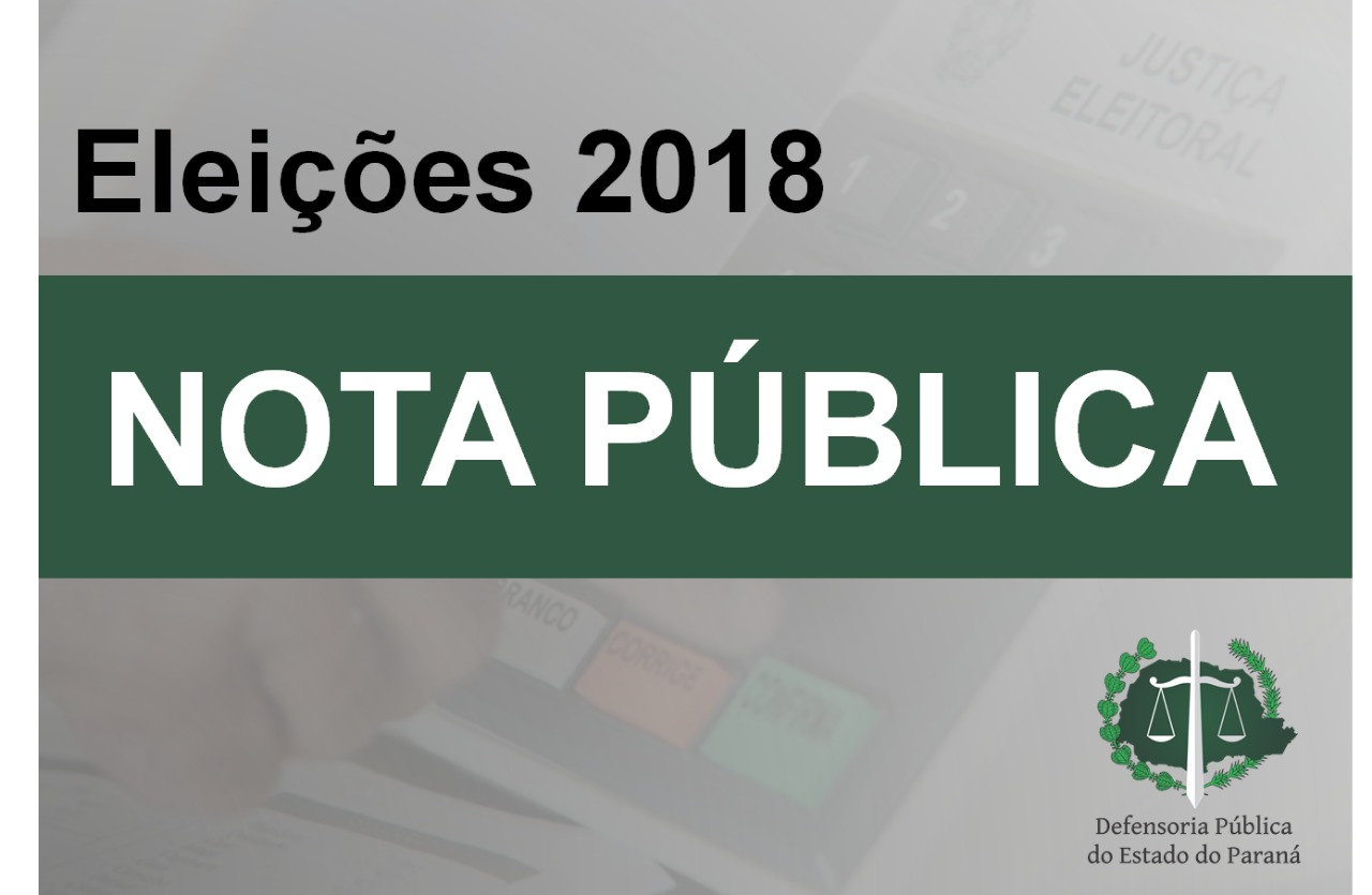 A imagem consiste dos dizeres: Eleições 2018, em preto alinhado ao lado direito da imagem e centralizado, e nota pública abaixo, em branco com uma faixa verde em volta.
O fundo da imagem é branco, mas é possível ver uma urna eletrônica por meio de degrade. A logo da DPPR se encontra no canto inferior direito.