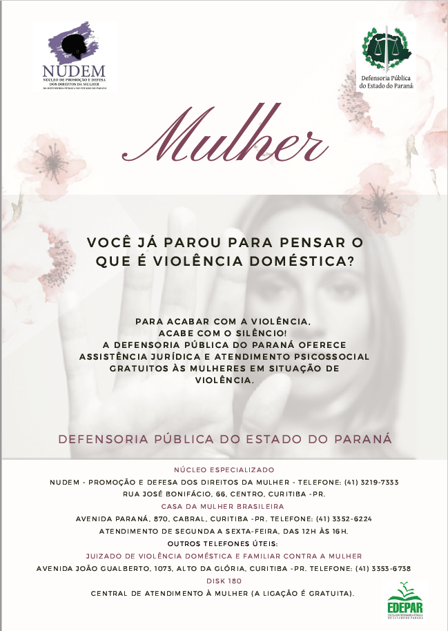 A imagem consiste do cartaz de divulgação das atividades do Núcleo. Possui um fundo claro e em seu centro temos a imagem de uma mulher com a mão estendida, fazendo um sinal de pare.
