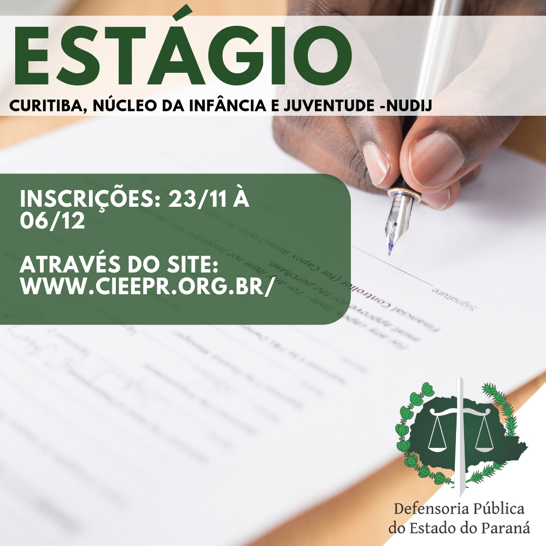 Na imagem vemos uma mão segurando uma canete muito próxima a uma folha de papel, como se estivesse prestes a escrever algo. No canto inferior direito vemos a logo da DPPR, na parte superior e meio da imagem temos informações sobre a vaga.