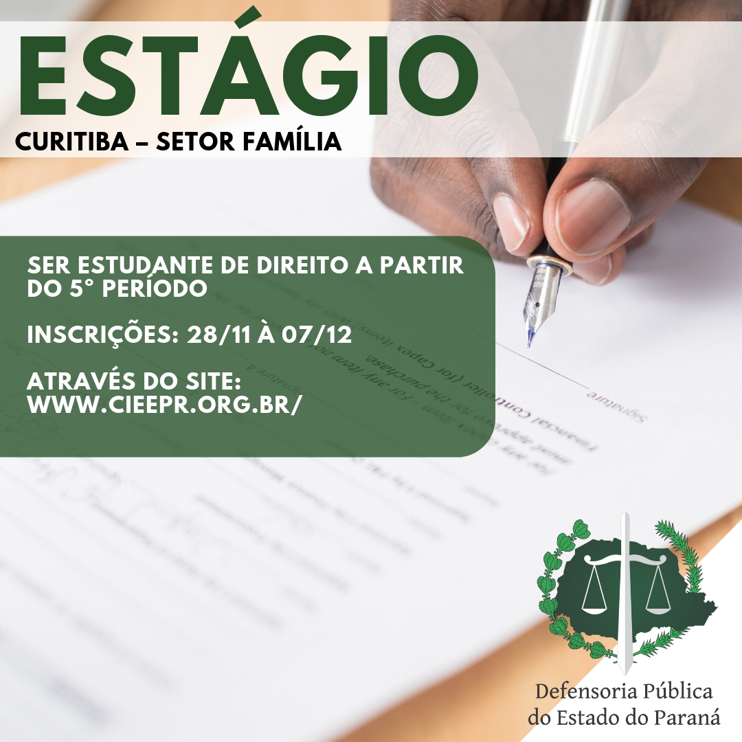 Na imagem vemos uma mão segurando uma canete muito próxima a uma folha de papel, como se estivesse prestes a escrever algo. No canto inferior direito vemos a logo da DPPR, na parte superior e meio da imagem temos informações sobre a vaga.