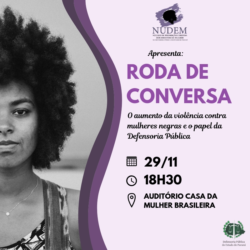 Do lado direito do cartaz de divulgação do evento temos o retrato de um mulher negra (vemos apenas metade dessa imagem, pois ela foi