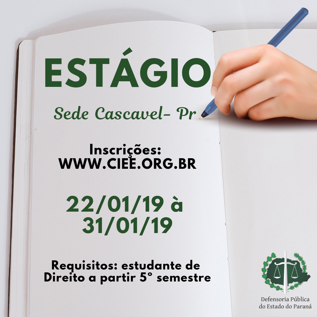 #LegendaAcessível: Na imagem vemos uma mão segurando uma caneta muito próxima a uma folha de papel, como se estivesse prestes a escrever algo. No canto superior esquerdo lê: ESTÁGIO Sede Cascavel - PR. Abaixo temos a seguinte descrição: