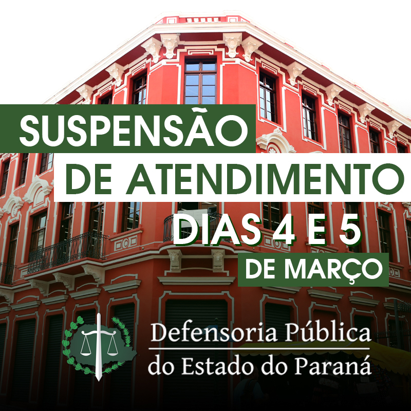 Conforme o calendário do Tribunal de Justiça do Estado do Paraná, informamos que não haverá atendimento na terça-feira (05), devido ao feriado de Carnaval. Na segunda-feira (04), não haverá expediente nas repartições de justiça do Estado, inclusive na Defensoria Pública do Estado do Paraná, por conta da véspera do feriado.