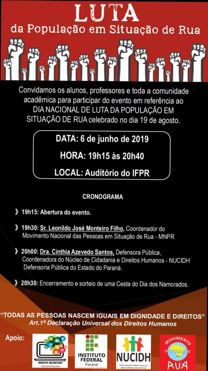 O evento acontece nesta quinta-feita (06), às 19h15, no auditório do IFPR.