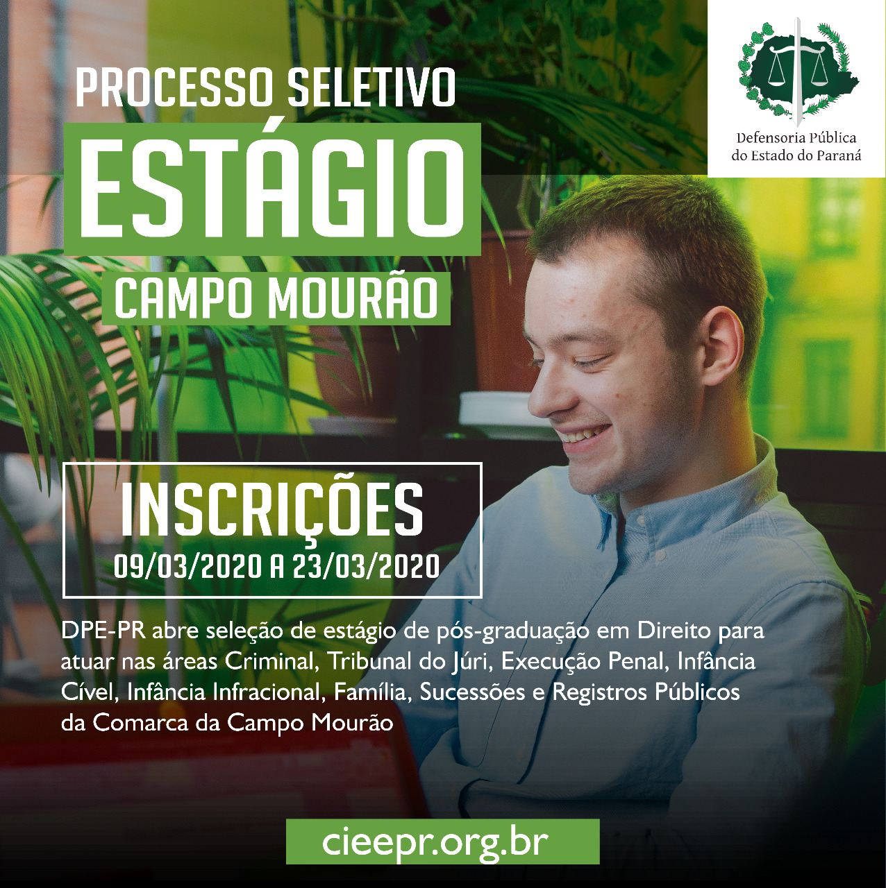 A Defensoria Pública do Estado do Paraná está com vagas de estágio disponíveis para estudantes de pós-graduação em direito, para atuar nas áreas Criminal, Tribunal do Júri, Execução Penal, Infância Cível, Infância Infracional, Família, Sucessões e Registros Públicos da Comarca de Campo Mourão
