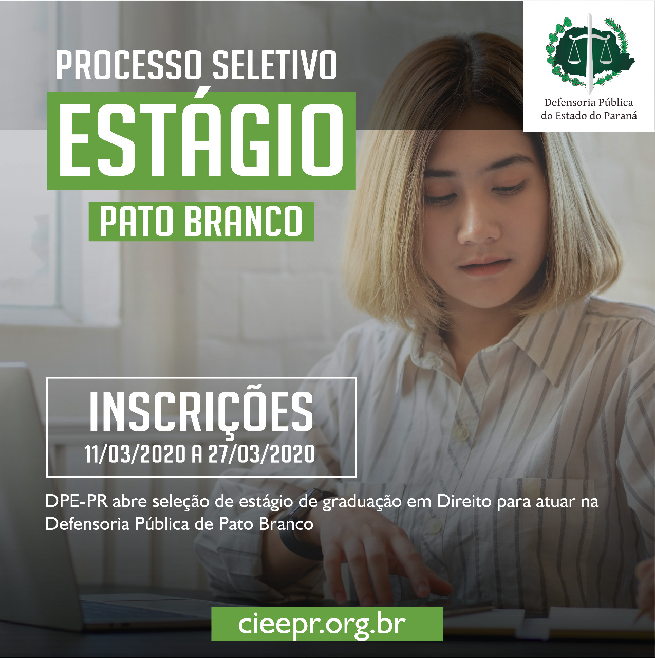 A Defensoria Pública do Estado do Paraná está com vagas de estágio disponíveis para estudantes de graduação em direito, para atuar na Defensoria Pública de Pato Branco. Para se inscrever, é necessário estar devidamente matriculada(o) a partir do 5° período do curso.