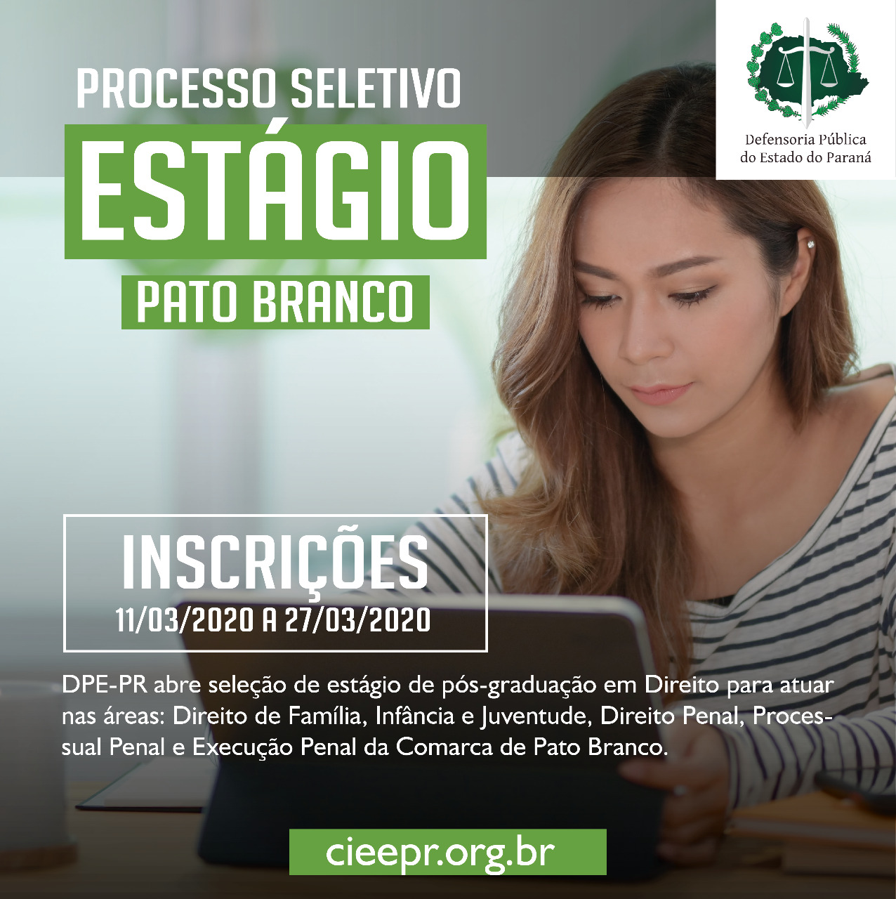 A Defensoria Pública do Estado do Paraná está com vaga de estágio de Pós-Graduação disponível para estudantes graduados em direito, para atuar na Defensoria Pública do Estado do Paraná de Pato Branco.