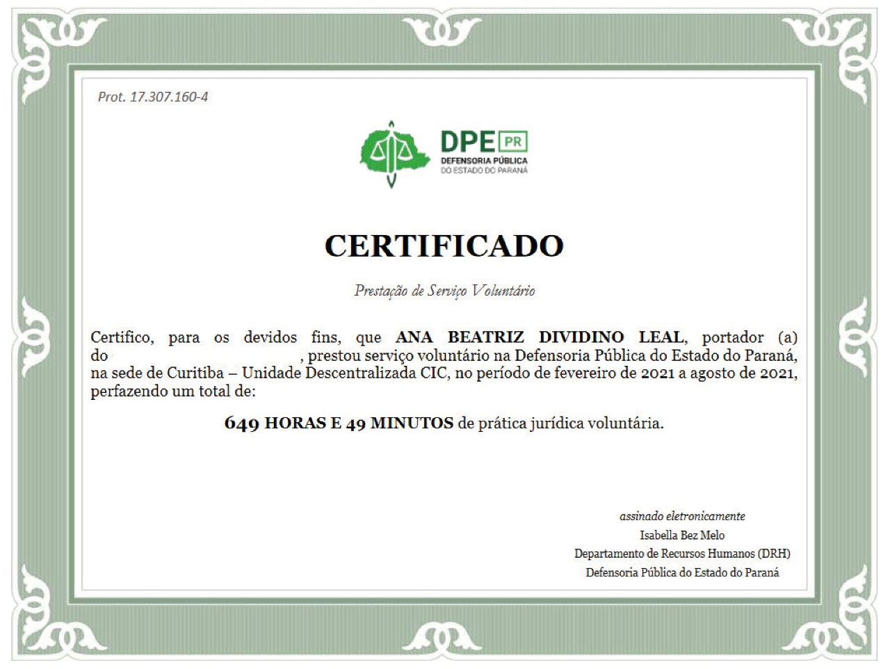 Advogada de 23 anos completa 649 horas e 49 minutos de prática jurídica voluntária