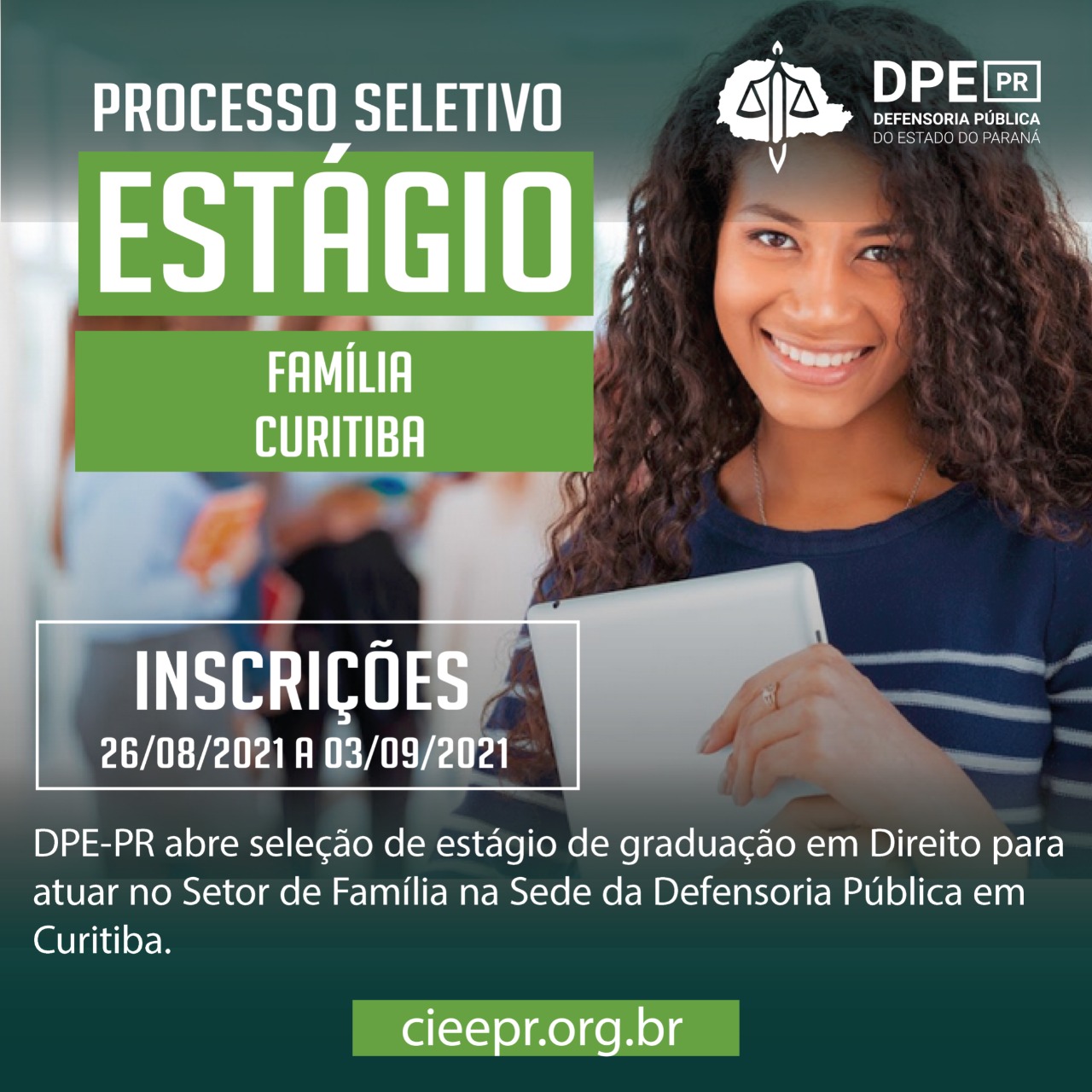 DPE-PR abre vaga de estágio para estudantes de direito