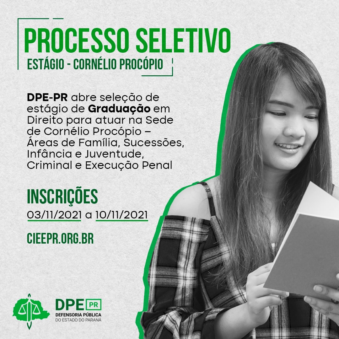 DPE-PR abre vaga de estágio para atuar na sede de Cornélio Procópio