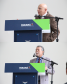 Imagem em formato de colagem onde mostra uma foto em cima da outra, tanto quanto na imagem superior e na inferior, são dois homens discursando.