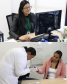 A primeira imagem mostra uma servidora da Defensoria ao computador, sorrindo. A segunda imagem mostra uma mulher colhendo o sangue de outra mulher sentada. 