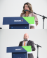 Imagem em formato de colagem onde mostra uma foto em cima da outra, na imagem superior mostra uma mulher discursando enquanto na imagem inferior, é um homem.