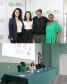 Imagem em formato de colagem, na foto de cima, está as palestrantes sorrindo e posando para foto. Na imagem abaixo, uma foto em close aberto da palestra.