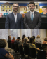 Imagem com duas fotos: acima, o defensor público-geral, André Ribeiro Giamberardino, e o presidente da Câmara Municipal de Curitiba, Marcelo Fachinello; abaixo; pessoas aguardam atendimento no mutirão.