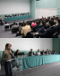 Imagem com uma colagem de duas fotos do encontro de teses. Na primeira, acima, vemos uma imagem do fundo do auditório, onde é possível ver a mesa diretiva do evento e os demais participantes nas cadeiras da plateia.