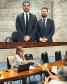 Imagem em formato de colagem entre duas fotos, a primeira, na parte de cima, mostra dois defensores posando para uma foto, um deles é o Rafael de Matos Souto e ao seu lado, Bruno de Almeida Passadore. Na foto de baixo, mostra uma servidora pública estendendo uma folha para um dos usuários da Defensoria Pública.