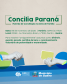 Imagem artística com um fundo bege texturizado e formas gráficas em tons de verde e azul, que anuncia o evento "Concilia Paraná". A imagem central mostra duas mãos estilizadas segurando balões de diálogo vazios. Abaixo, o cartaz informa que é um mutirão de conciliação familiar em Guaíra, realizado pela Defensoria Pública do Paraná e pelo município.