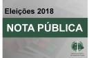 A imagem consiste dos dizeres: Eleições 2018, em preto alinhado ao lado direito da imagem e centralizado, e nota pública abaixo, em branco com uma faixa verde em volta.
O fundo da imagem é branco, mas é possível ver uma urna eletrônica por meio de degrade. A logo da DPPR se encontra no canto inferior direito. 