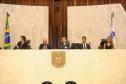 O diretor legislativo da Alep, Dylliardi Alessi, o subdefensor público-geral do Paraná, Eduardo Abraão, o deputado estadual Tadeu Veneri, o diretor da EDEPAR, Diego Cantoário, e a coordenadora da Escola Legislativa, Francis Karam.